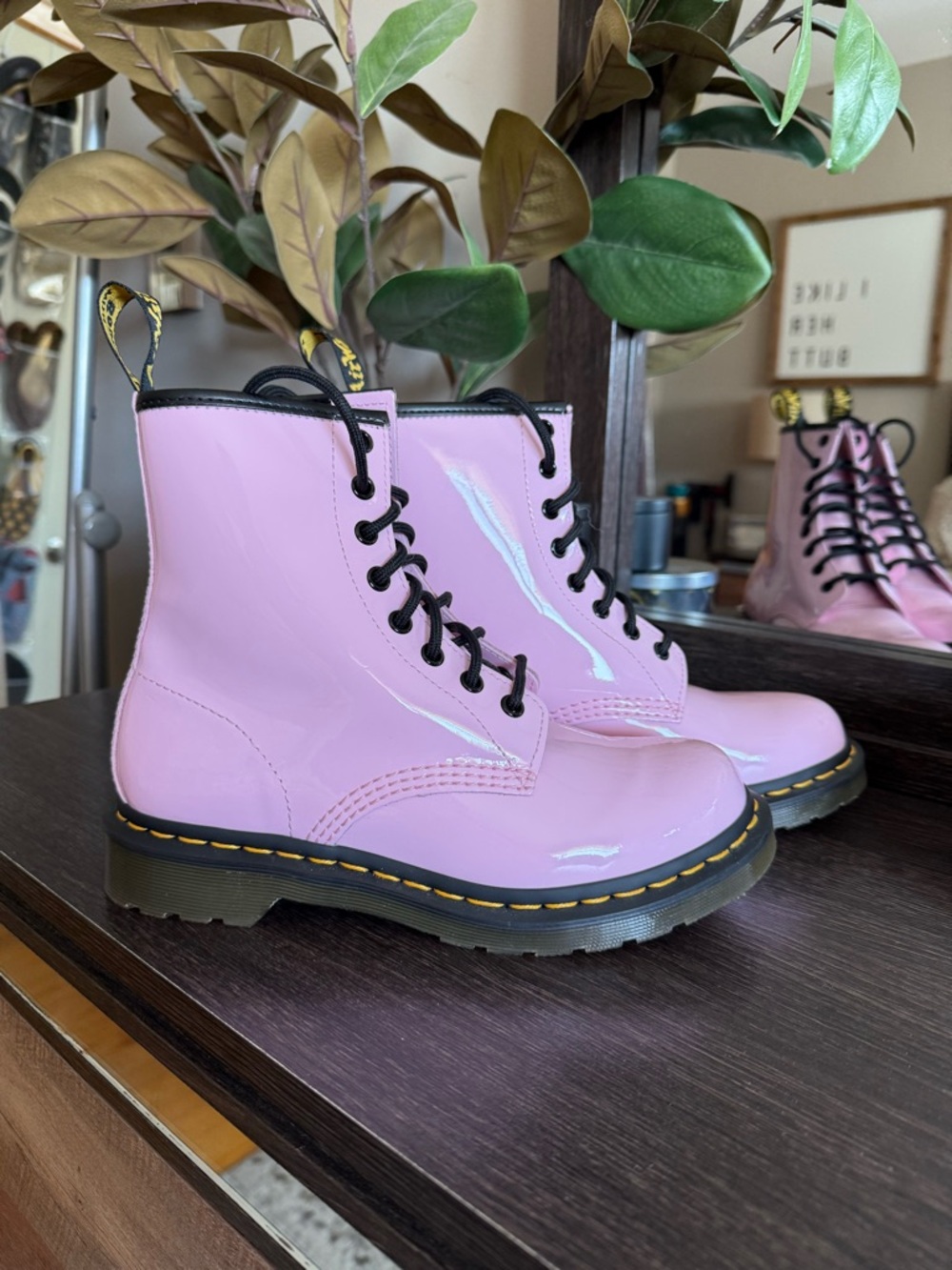Dr. Martens Pink Patent Lace-Up Combat Boots with Yellow Stitching